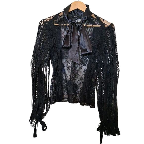 Beulah Style Black Fairy Romantic Goth Lace Blouse Mock Neck Bow Size Small - Picture 1 of 7